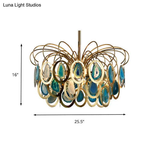 Modern Peacock Feather Chandelier With Agates - 5-Head Iron Pendant Light