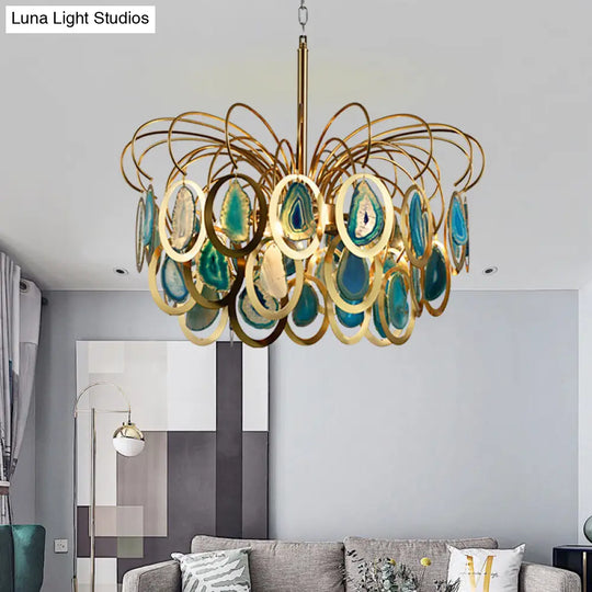 Modern Peacock Feather Chandelier With Agates - 5-Head Iron Pendant Light Green