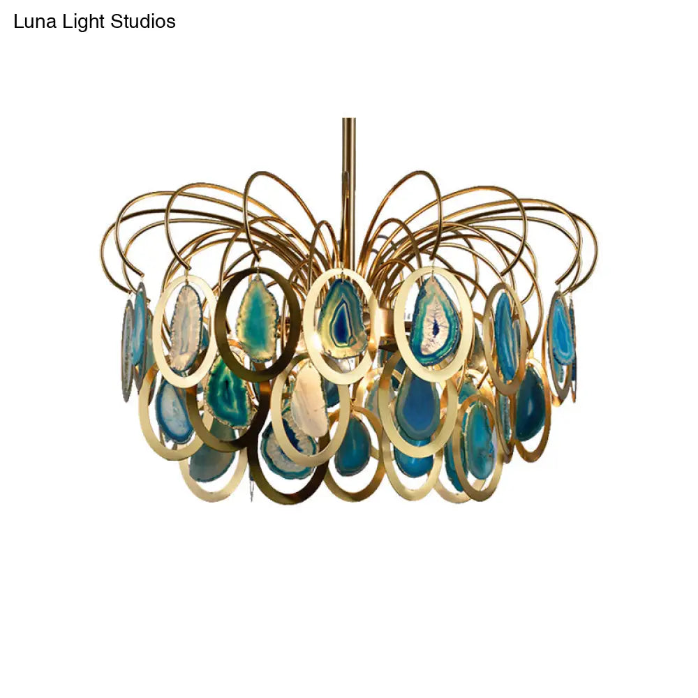 Modern Green Peacock Feather Chandelier - 5-Head Iron Ceiling Pendant With Agate Accents