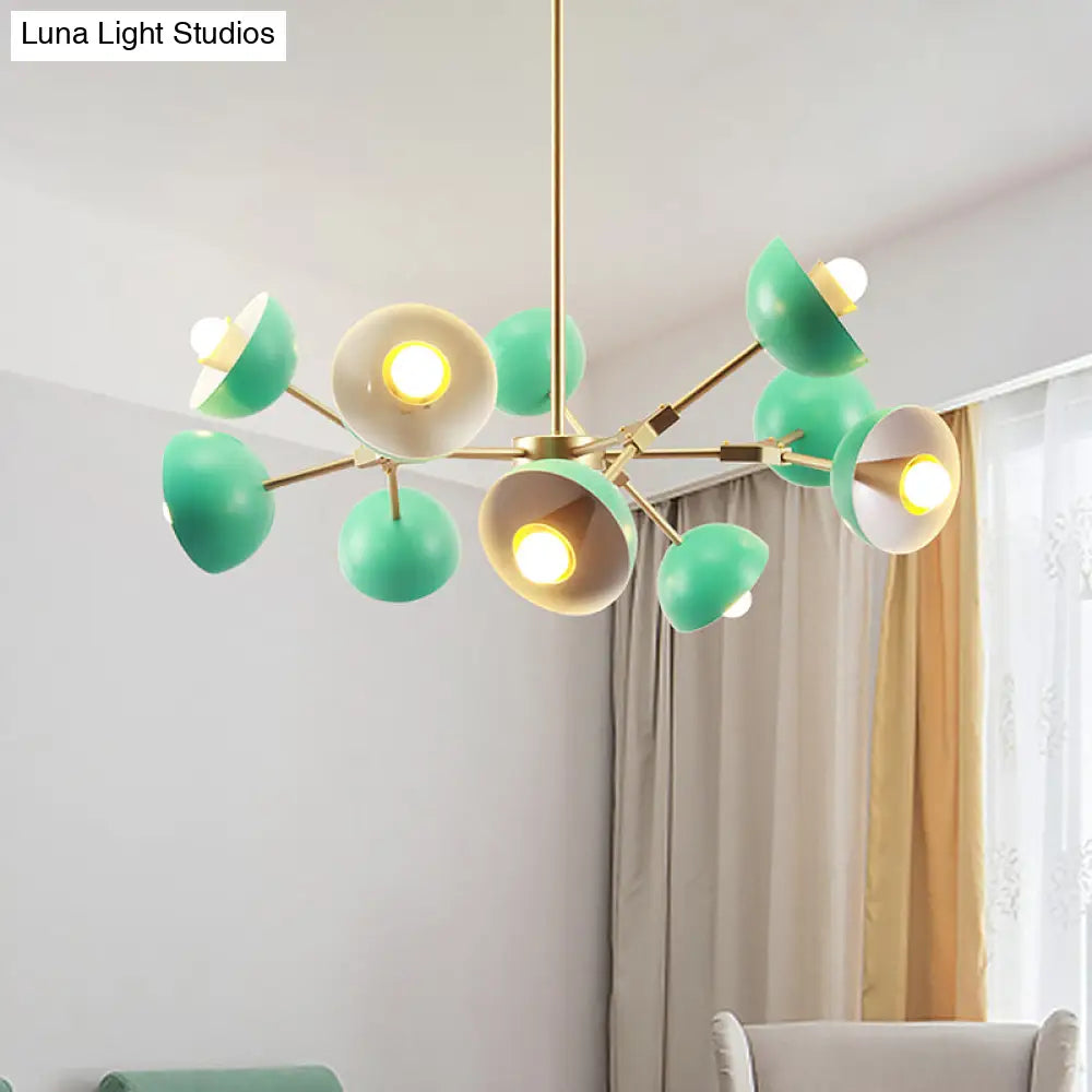 Modern Green Pendant Chandelier With 10 Lights For Restaurant - Iron Hemisphere Shade