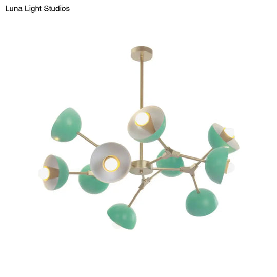 Modern Green Pendant Chandelier With 10 Lights For Restaurant - Iron Hemisphere Shade