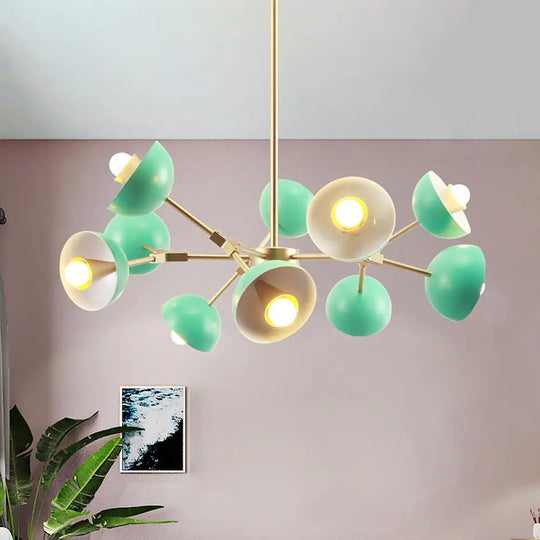 Modern Green Pendant Chandelier With 10 Lights For Restaurant - Iron Hemisphere Shade