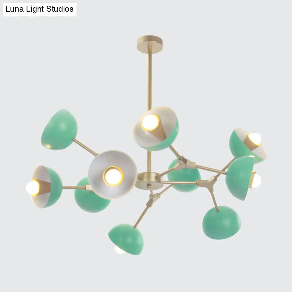 Modern Green Pendant Chandelier With 10 Lights For Restaurant - Iron Hemisphere Shade