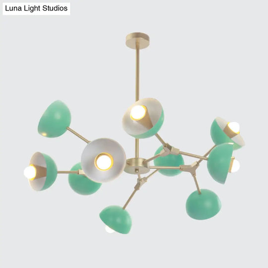 Modern Green Pendant Chandelier With 10 Lights For Restaurant - Iron Hemisphere Shade