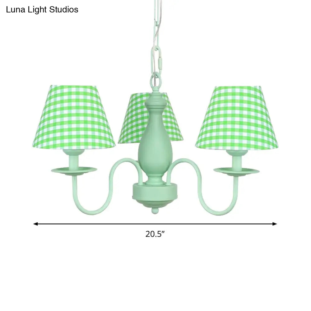 Modern Green Plaid Shade Chandelier - 3 Bulb Kids Hanging Light Bedroom Décor