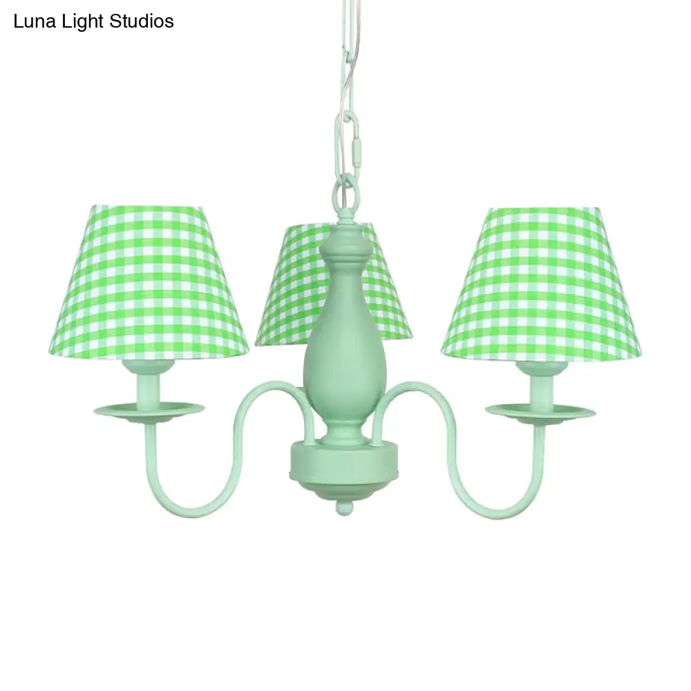 Modern Green Plaid Shade Chandelier - 3 Bulb Kids Hanging Light Bedroom Décor