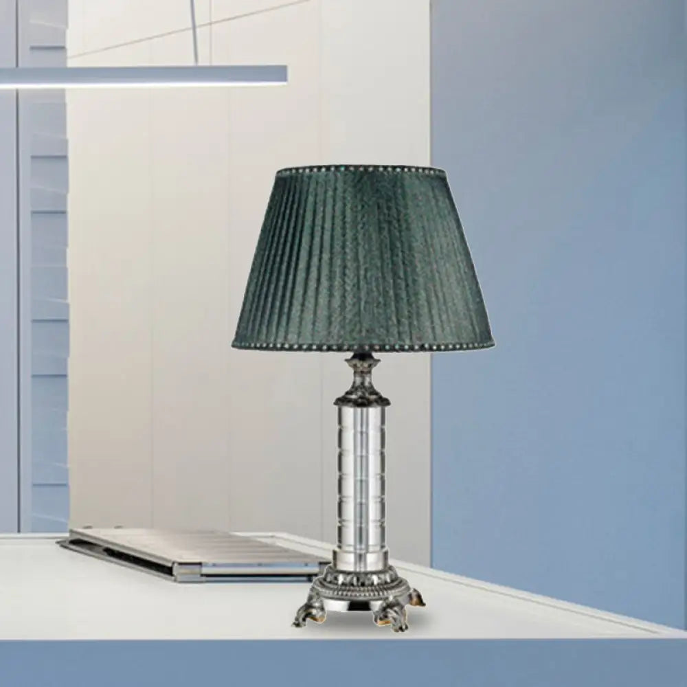 Modern Green Pleated Fabric Table Lamp With Carved Bronze Metal Base