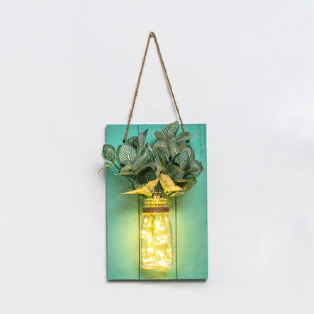 Modern Green Wooden Backplate Wall Lamp With Clear Glass Jar And Plant Decor String Light / Fittonia