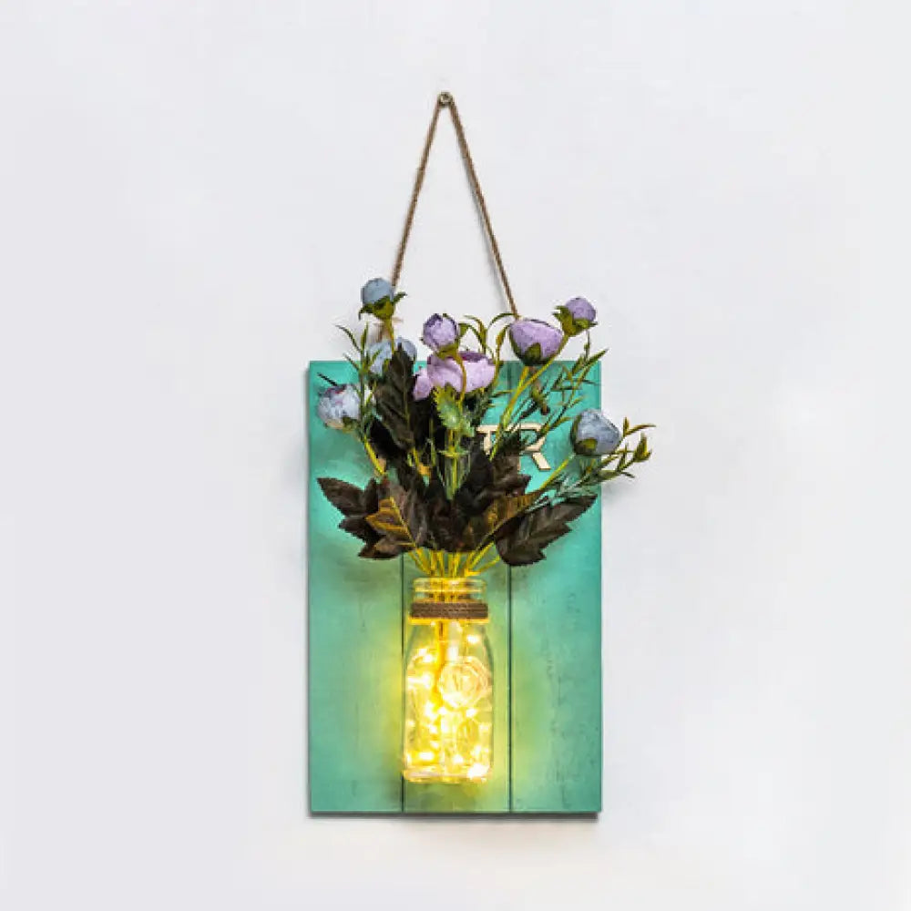 Modern Green Wooden Backplate Wall Lamp With Clear Glass Jar And Plant Decor String Light / Rose