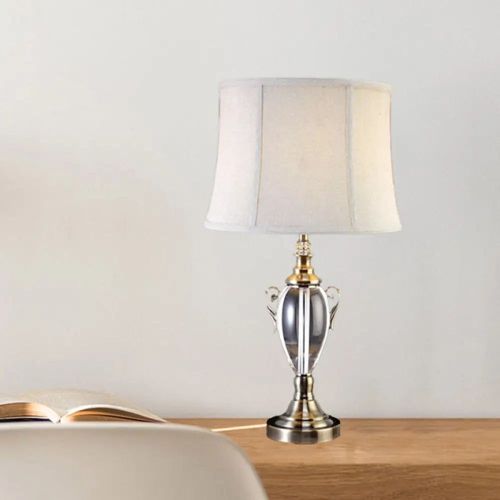 Modern Grey Barrel Shade Table Lamp For Living Room - Small Desk Light With Fabric & 1 Bulb