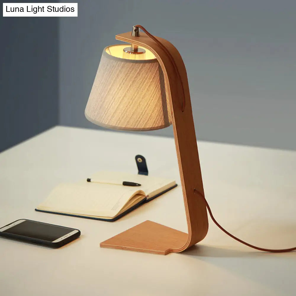 Modern Grey Barrel Table Light With Wood Arm - Plug In Night Lamp