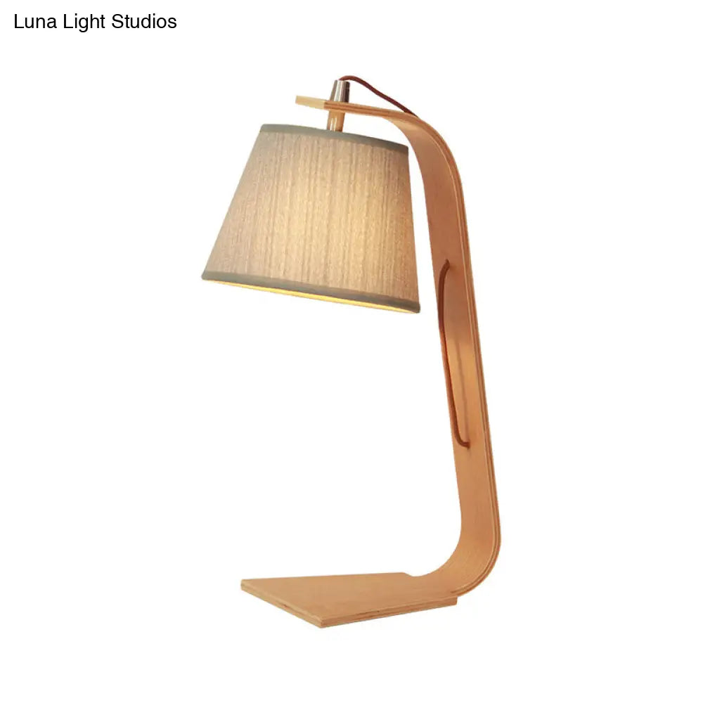 Modern Grey Barrel Table Light With Wood Arm - Plug In Night Lamp