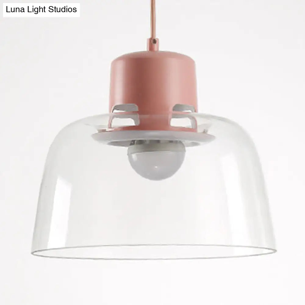 Post Modern Clear Glass Pendant Lamp With Grey Blue And Green Bowl Design Pink