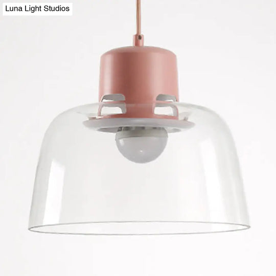 Post Modern Clear Glass Pendant Lamp With Grey Blue And Green Bowl Design Pink