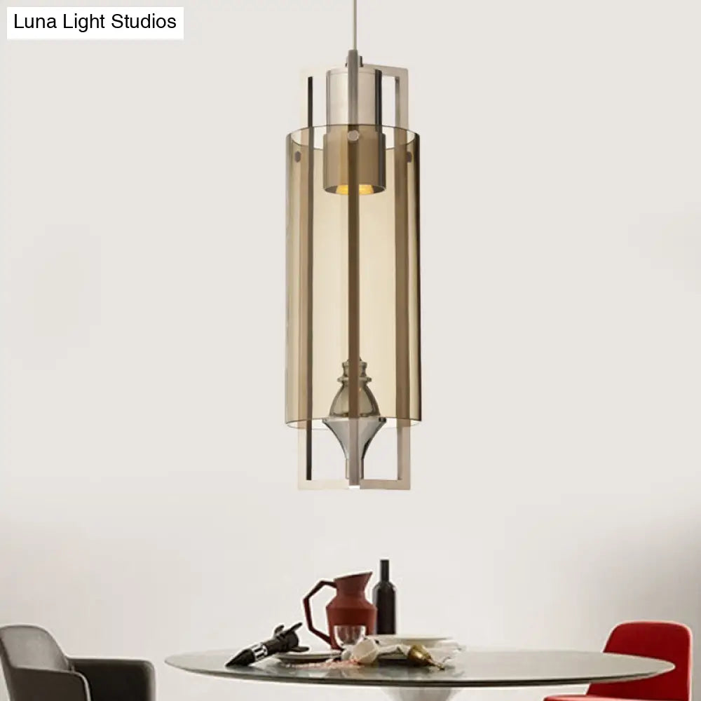 Modern Grey/Clear/Tan Glass 1-Light Dining Table Suspension Light With Nickel Frame