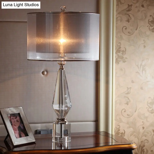 Modern Grey Desk Lamp: Sleek Living Room Light With Cylindrical Fabric Shade