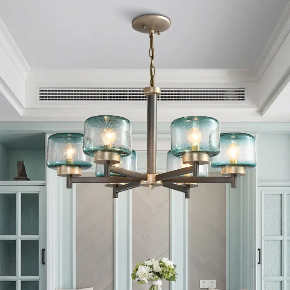 Modern Grey Dining Room Chandelier With Blue Seeded Glass Shade - Choose 3 Or 6 Lights & Radial