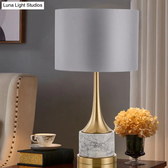 Modern Grey Drum Night Light Metal Table Lamp With Fabric Shade For Living Room