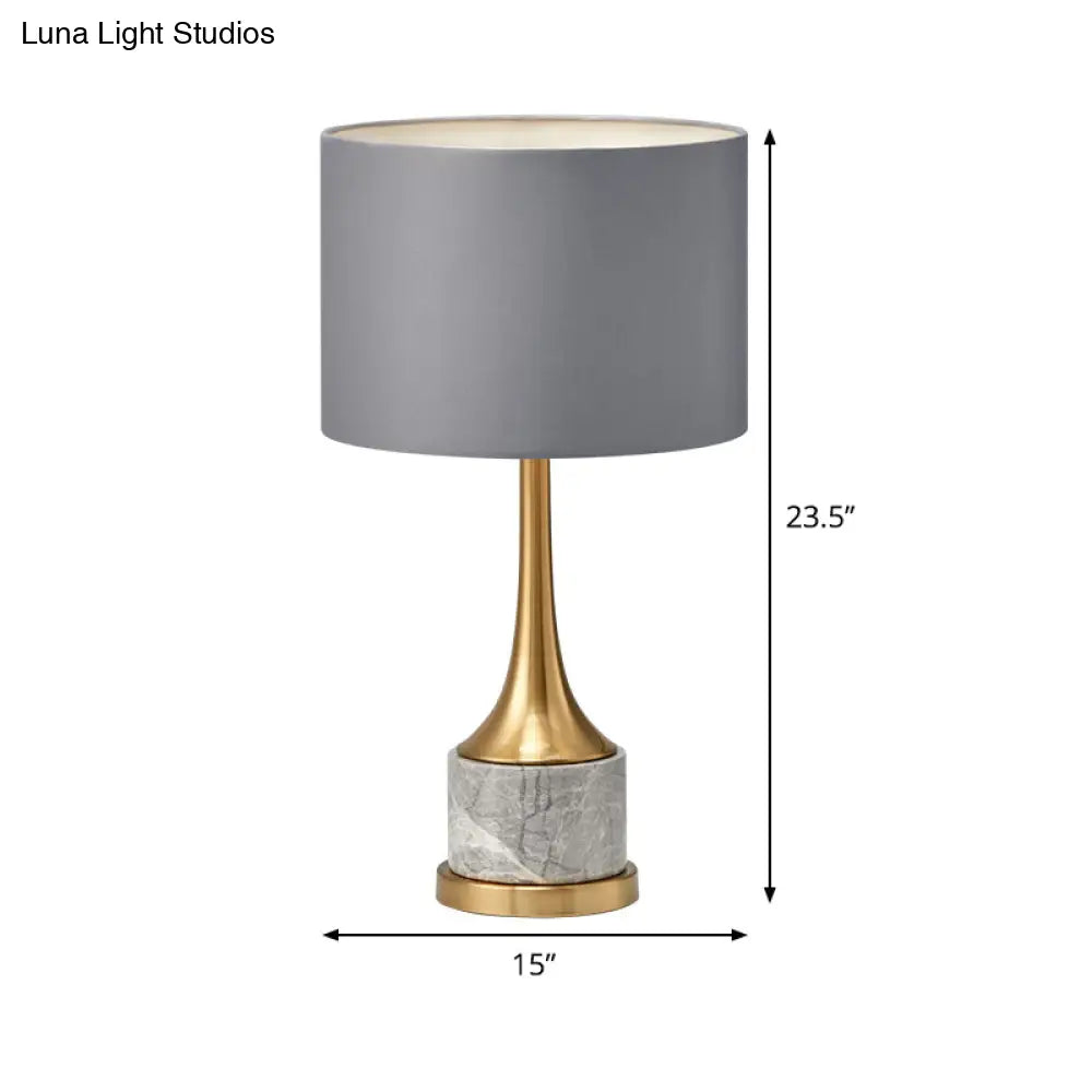 Modern Grey Drum Night Light Metal Table Lamp With Fabric Shade For Living Room