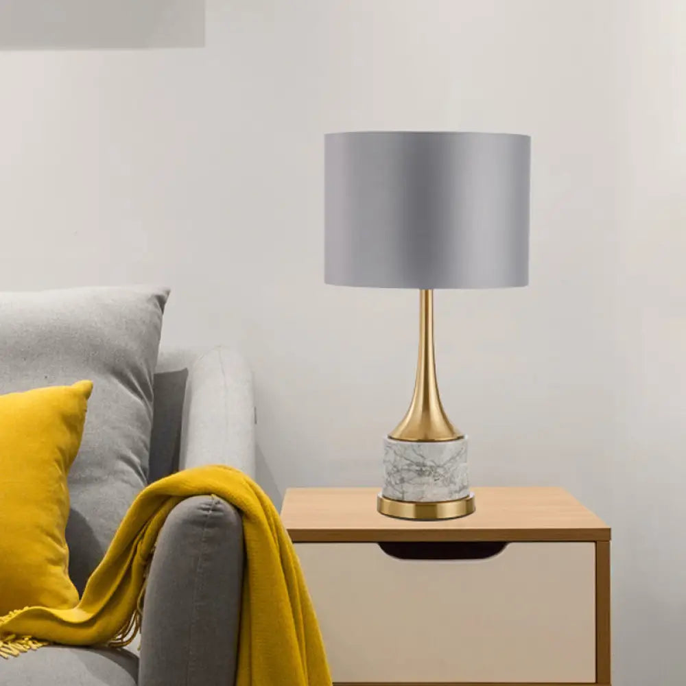 Modern Grey Drum Night Light Metal Table Lamp With Fabric Shade For Living Room