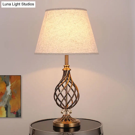 Modern Grey Fabric Conical Table Light With Laser Cut Gold Metallic Base - Desk Lamp