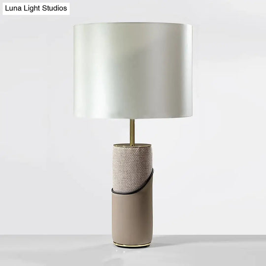 Modern Grey Fur Cylinder Table Lamp - 1 Head Nightstand Light With White Fabric Drum Shade