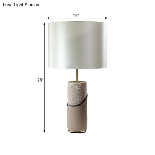 Modern Grey Fur Cylinder Table Lamp - 1 Head Nightstand Light With White Fabric Drum Shade