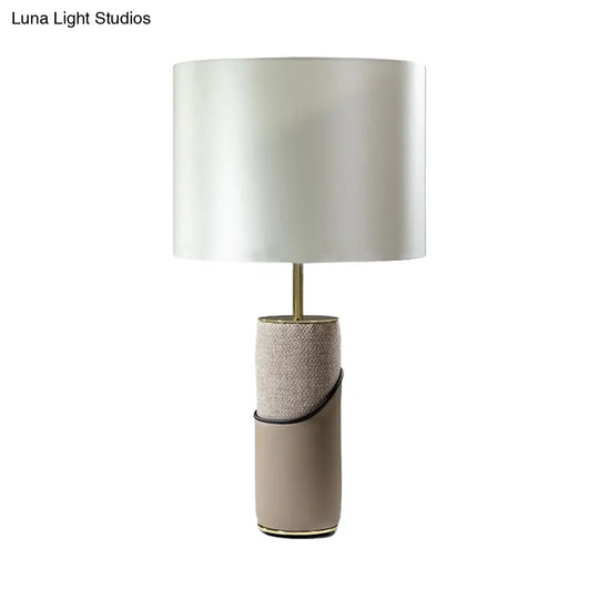 Modern Grey Fur Cylinder Table Lamp - 1 Head Nightstand Light With White Fabric Drum Shade