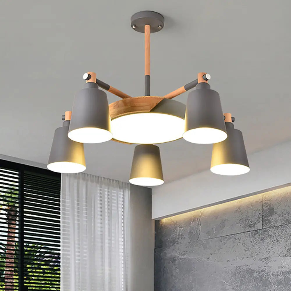 Modern Grey/Green Barrel Drum Pendant Chandelier | 3/5 Bulbs Metal Radial Design 5 / Grey