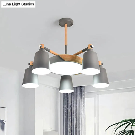 Modern Metal Chandelier With Radial Design And 3/5 Bulbs - Grey/Green Barrel Drum Pendant