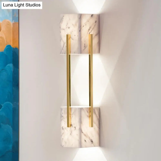 Modern Grey Marble-Like 5-Light Double Cuboid Wall Sconce With Gold Metal Bar