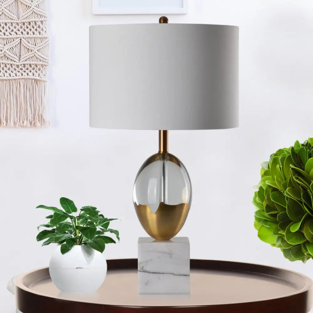 Modern Grey Nightstand Lamp: Cylindrical Fabric Task Light With Marble Pedestal