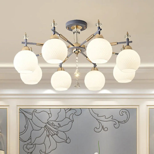 Modern Grey Pendant Chandelier With Milk Glass Shades - 8 Bulb Living Room Lighting Fixture