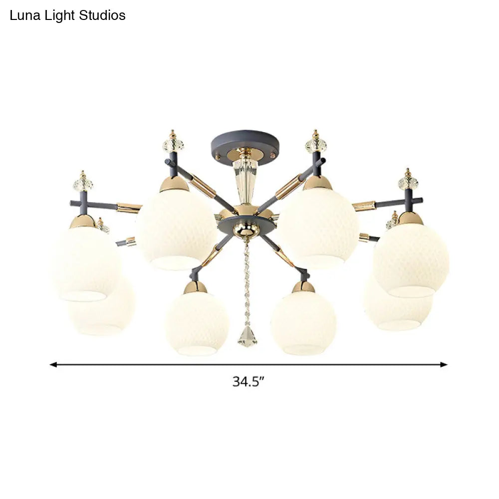 Modern Grey Chandelier Light With Milk Glass Shade - 8 Bulb Living Room Pendant Fixture