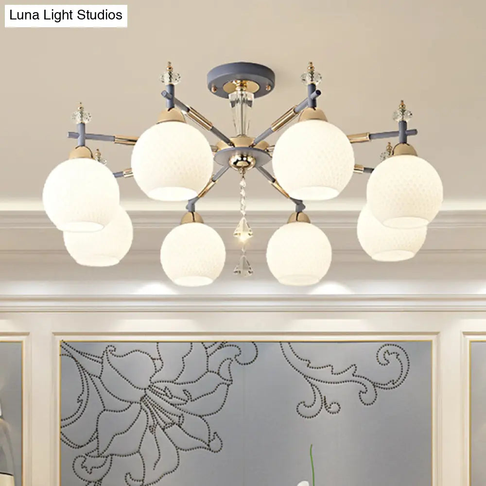 Modern Grey Chandelier Light With Milk Glass Shade - 8 Bulb Living Room Pendant Fixture