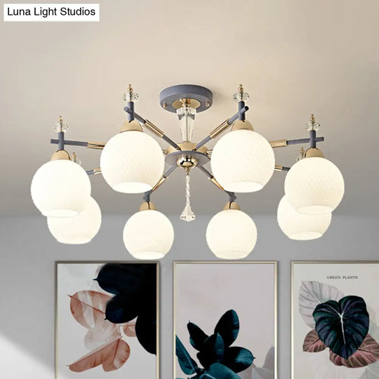 Modern Grey Pendant Chandelier With Milk Glass Shades - 8 Bulb Living Room Lighting Fixture