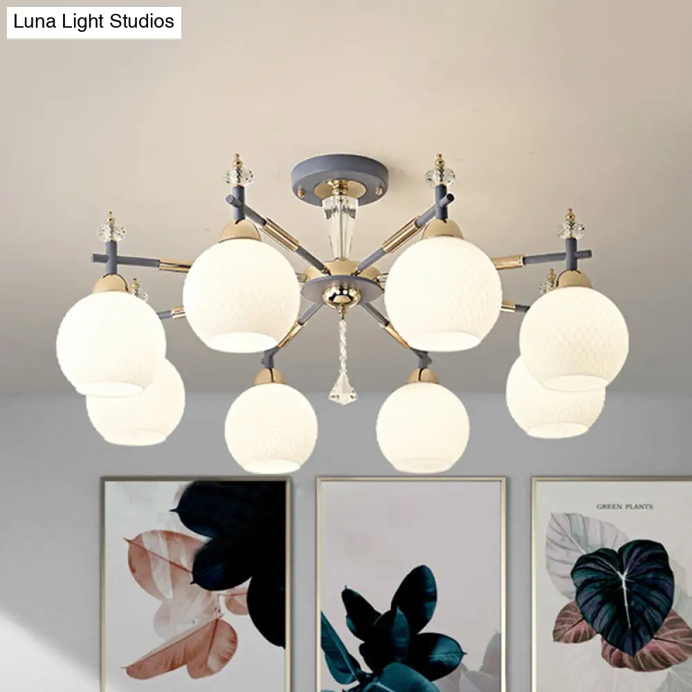 Modern Grey Chandelier Light With Milk Glass Shade - 8 Bulb Living Room Pendant Fixture