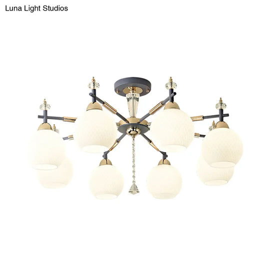 Modern Grey Pendant Chandelier With Milk Glass Shades - 8 Bulb Living Room Lighting Fixture