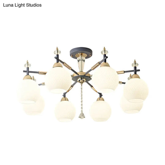 Modern Grey Chandelier Light With Milk Glass Shade - 8 Bulb Living Room Pendant Fixture