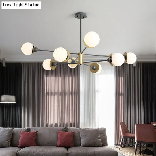 Modern Grey Pendant Chandelier With Opal Frosted Glass Shade - 8 Bulbs Ball Hanging Light Kit