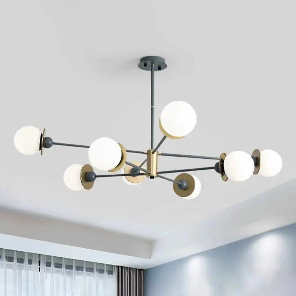 Modern Grey Pendant Chandelier With Opal Frosted Glass Shade - 8 Bulbs Ball Hanging Light Kit