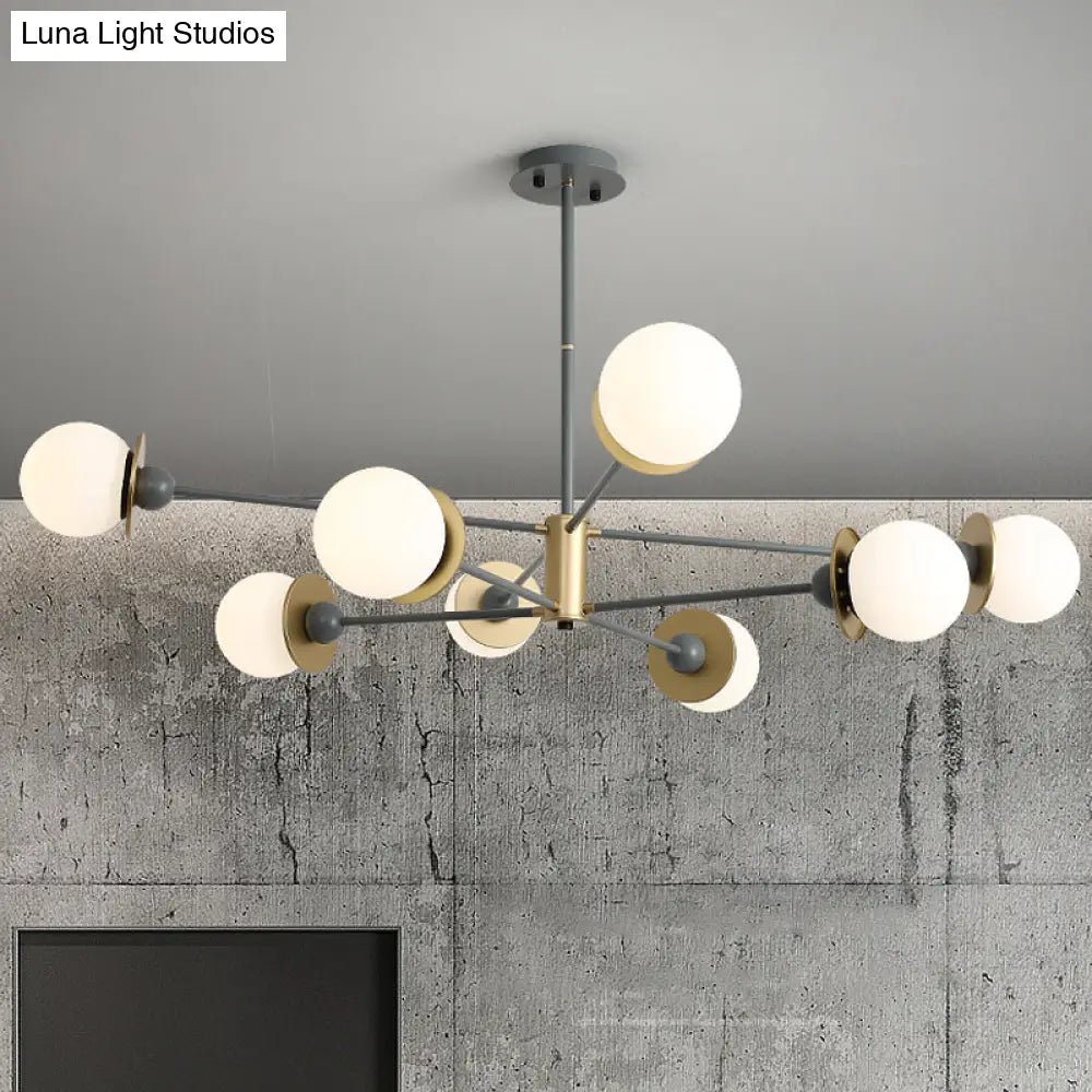 Modern Grey Pendant Chandelier With Opal Frosted Glass Shade - 8 Bulbs Ball Hanging Light Kit