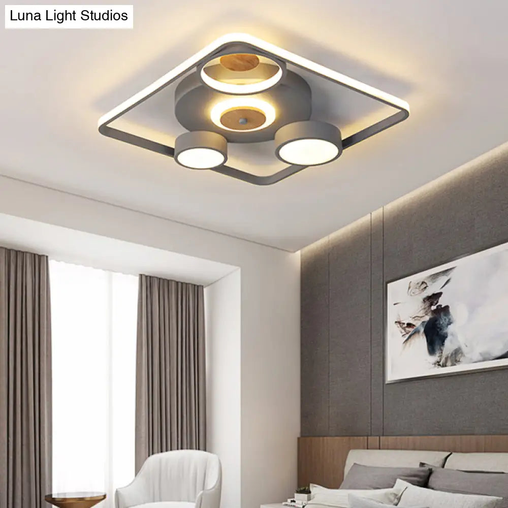 Modern Grey Square Led Ceiling Light With Nordic Iron Finish And Wood Accent