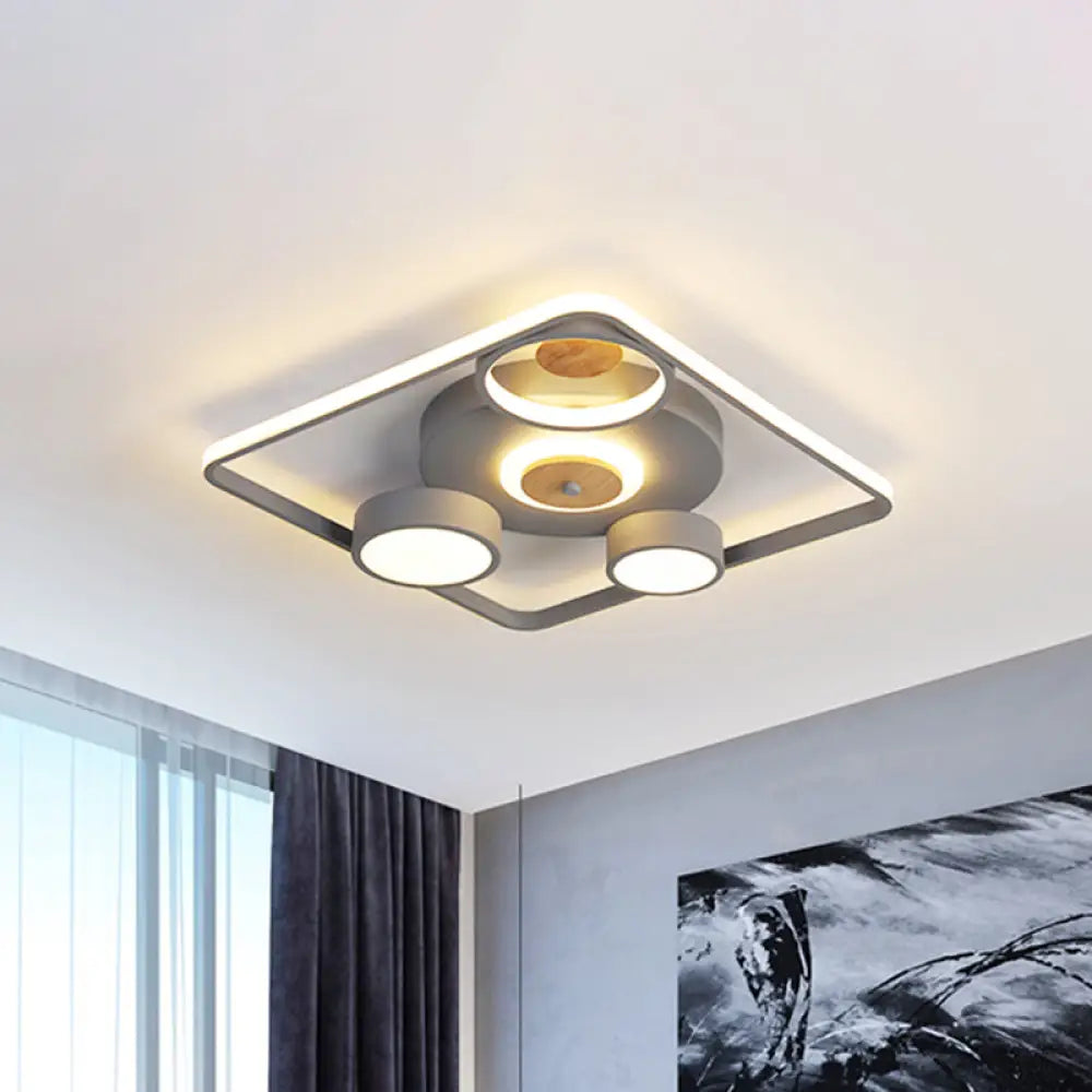 Modern Grey Square Led Ceiling Light With Nordic Iron Finish And Wood Accent