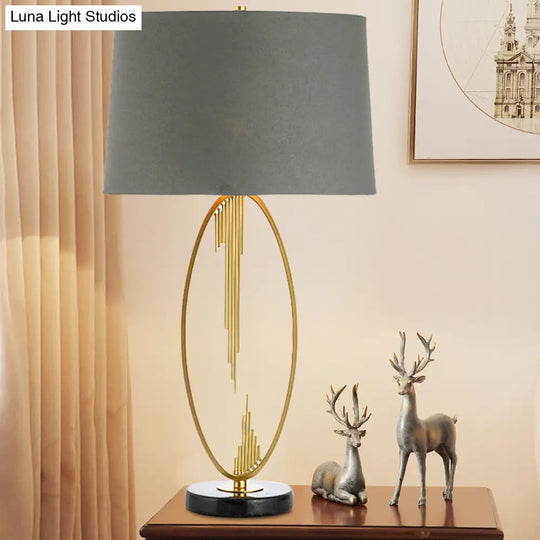 Modern Grey Tapered Drum Task Light Fabric Night Table Lamp With Marble Base