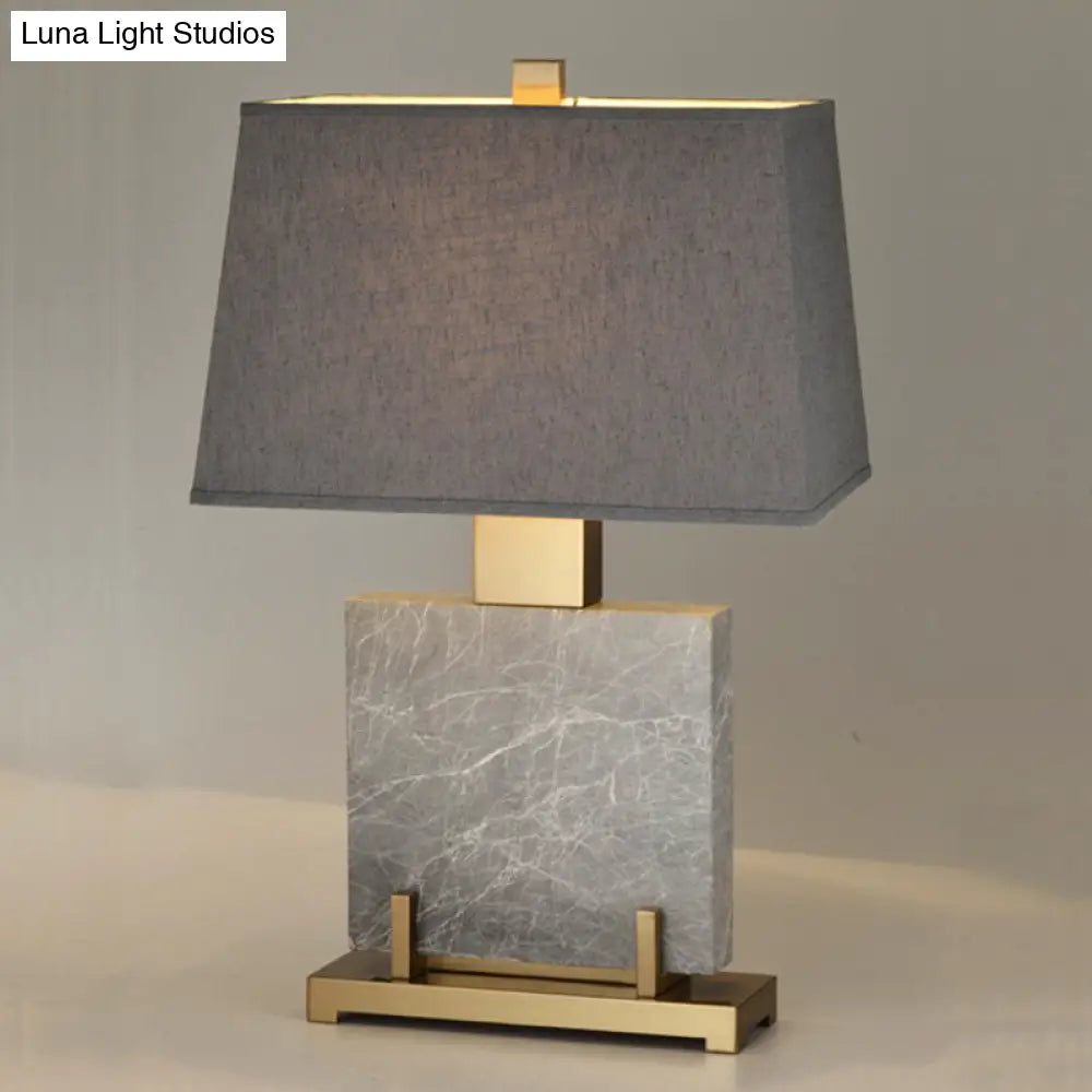 Modern Grey Trapezoid Night Table Lamp With Fabric Shade And Marble Stand