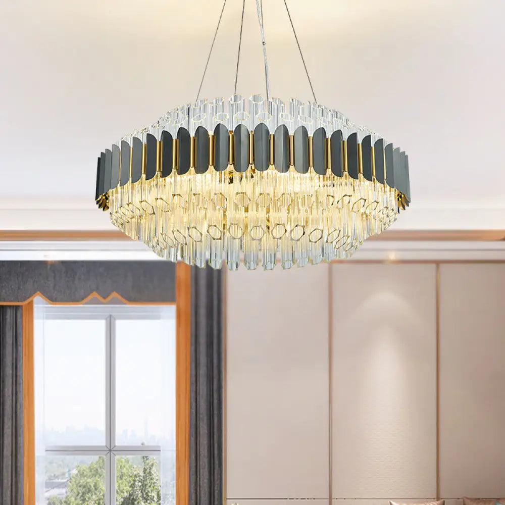 Modern Grey Tubular Chandelier: 12-Light Prismatic Crystal Pendant Ceiling Lamp