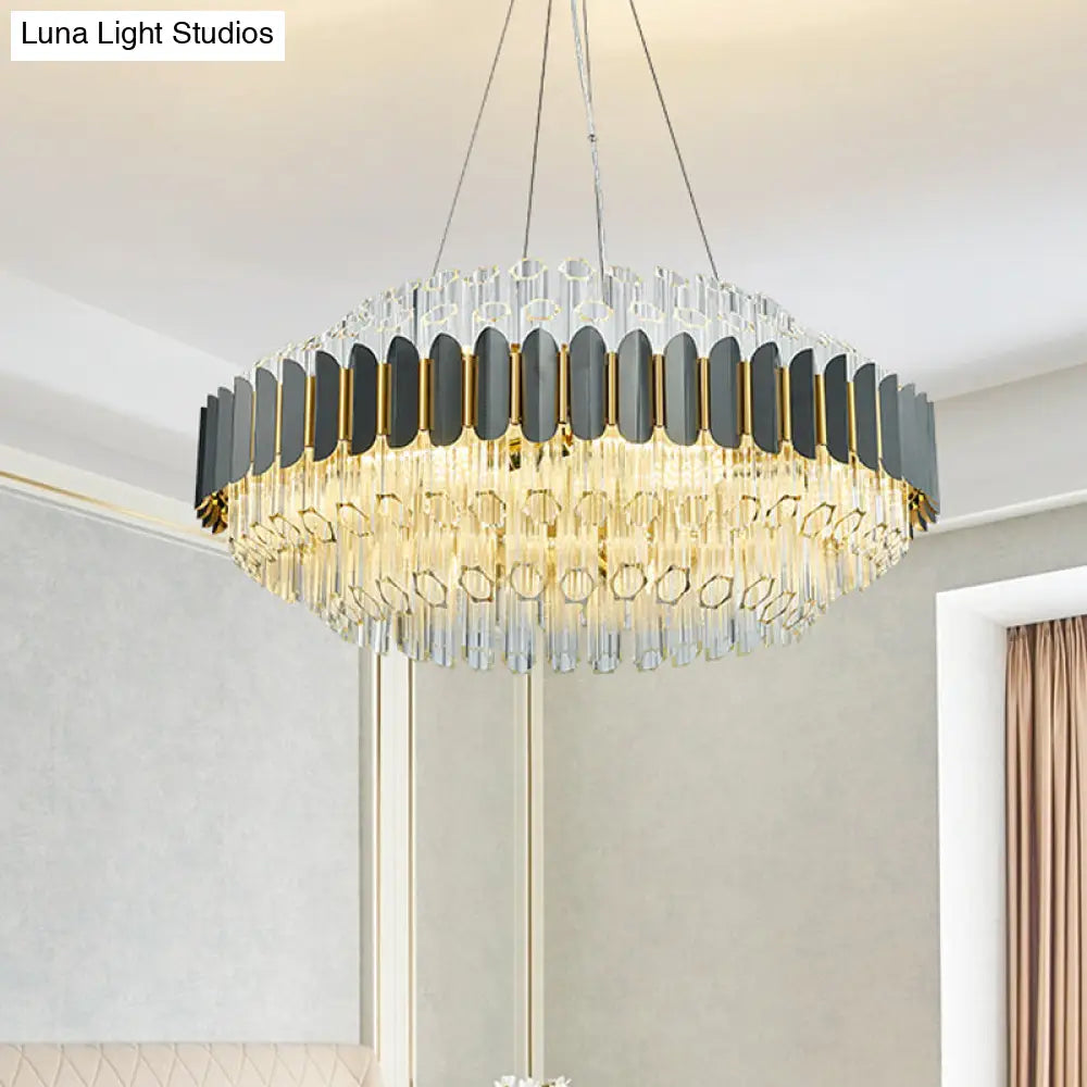 Modern Grey Tubular Chandelier: 12-Light Prismatic Crystal Pendant Ceiling Lamp