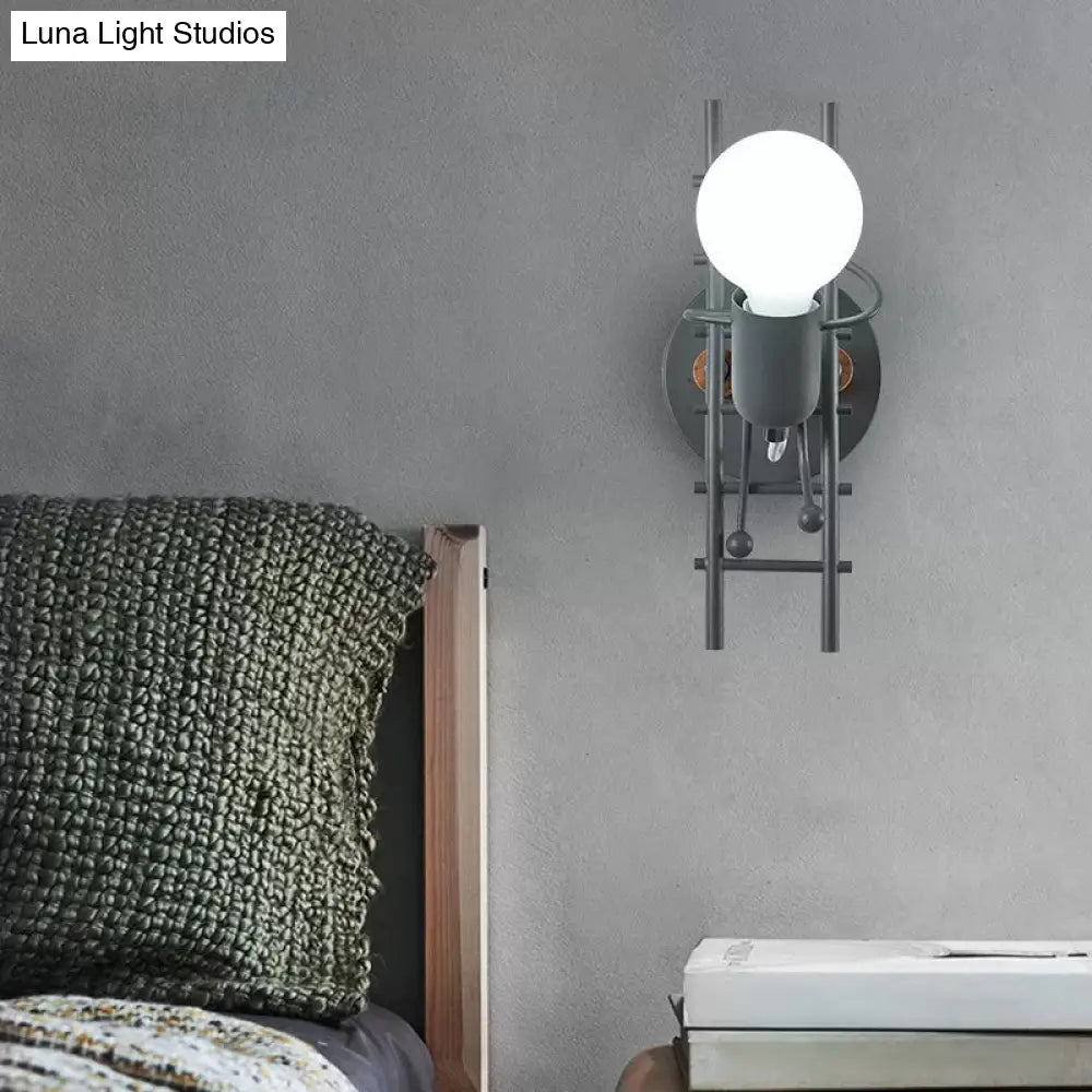 Modern Grey/White Wood Ladder Man Wall Sconce - 1-Bulb Metallic Mounted Light Fixture