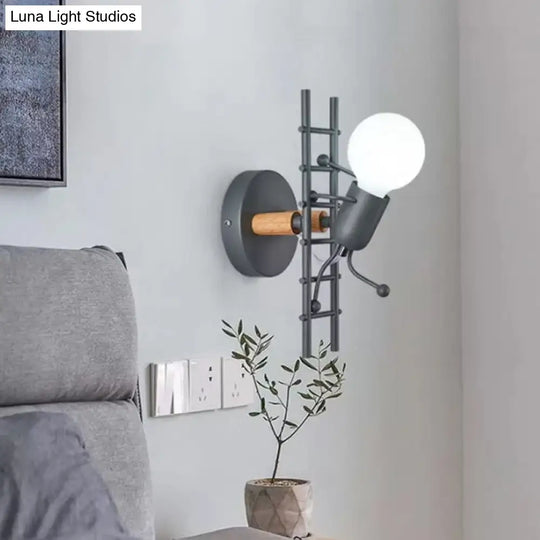 Modern Grey/White Wood Ladder Man Wall Sconce - 1-Bulb Metallic Mounted Light Fixture